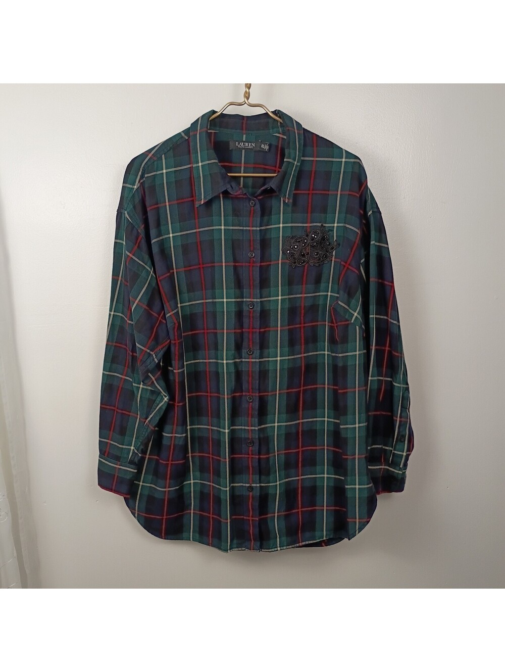 Lauren Ralph Lauren Womens LRL Logo Patch Tartan Plaid Shirt Button Up XXL